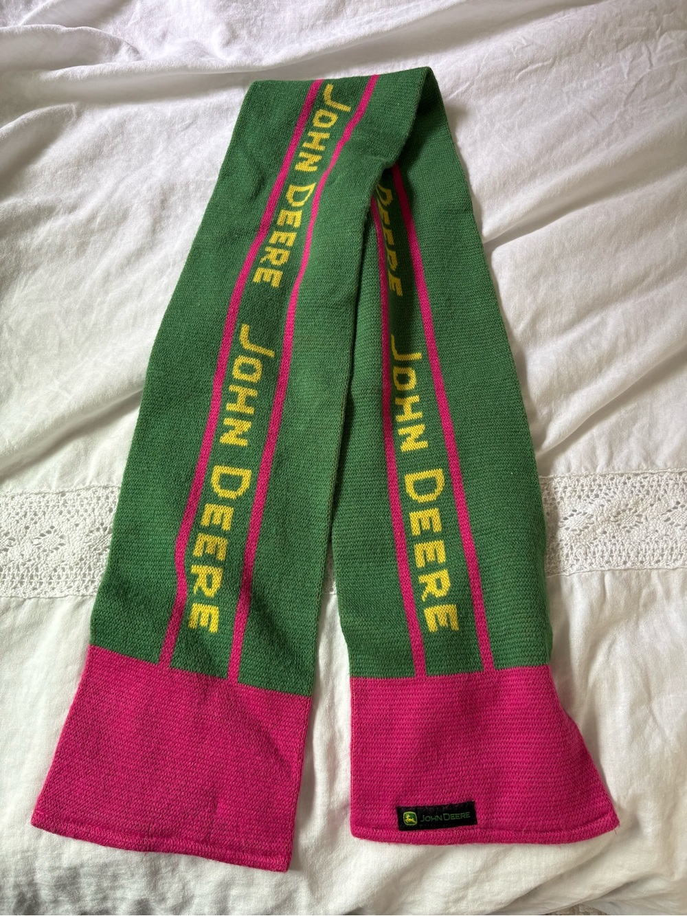 John Deere Knit Scarf Green, Pink Logo Winter Scarf minor flaw